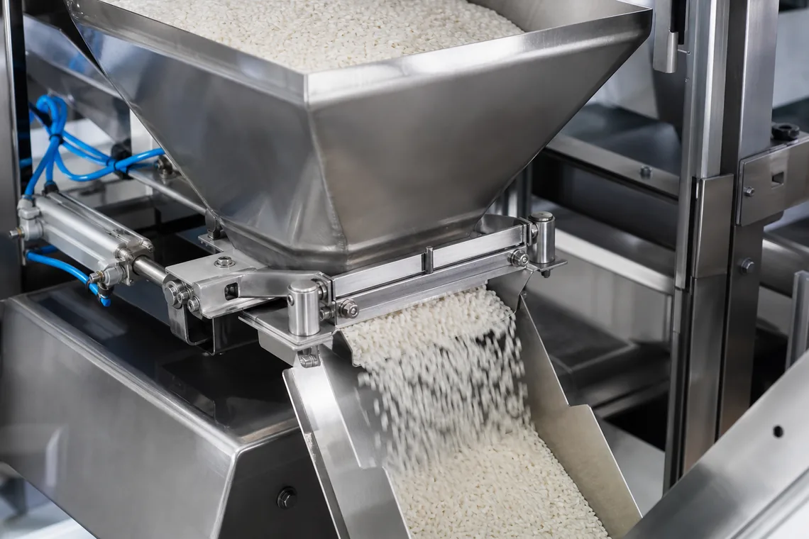 Weighing hopper for grain bagging machine