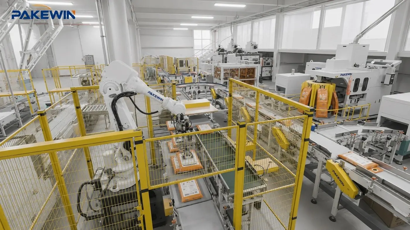 A real PAKEWIN automated line with bag conveying, robotic handling and multiple downstream stations.