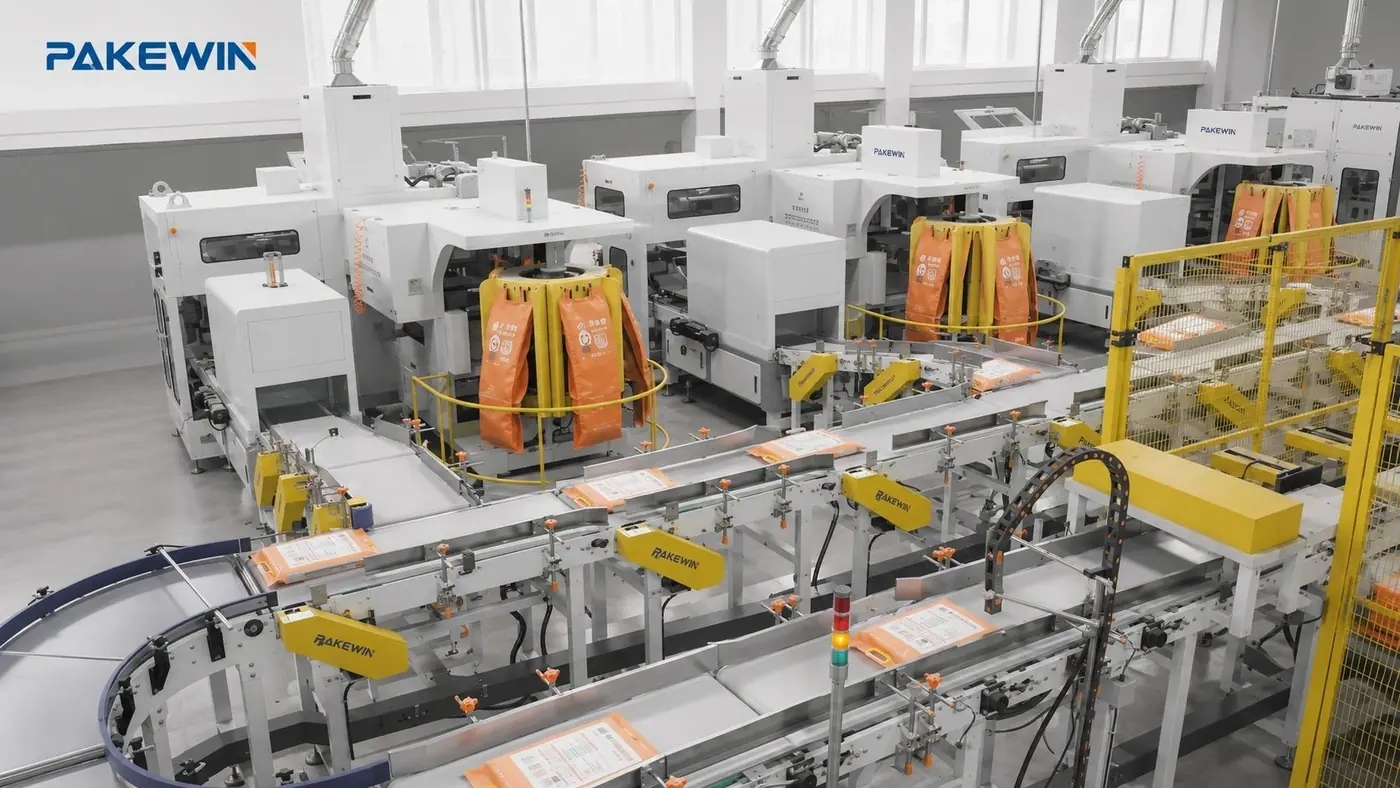 A real PAKEWIN packaging line showing multiple bag formats, transfer conveyors and guarded automation cells.