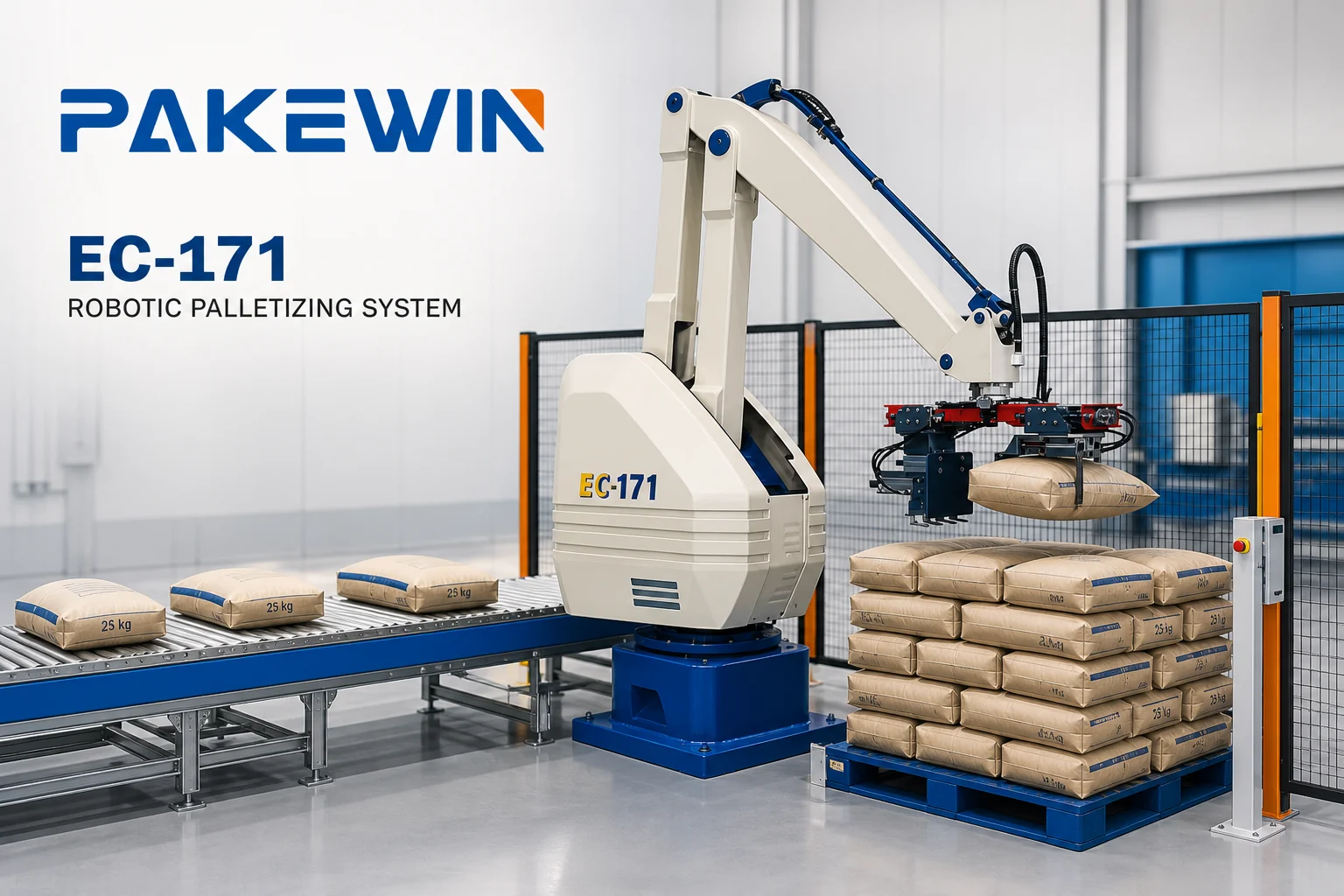 EC-171 robotic palletizing system integrated by PAKEWIN for bag packaging lines